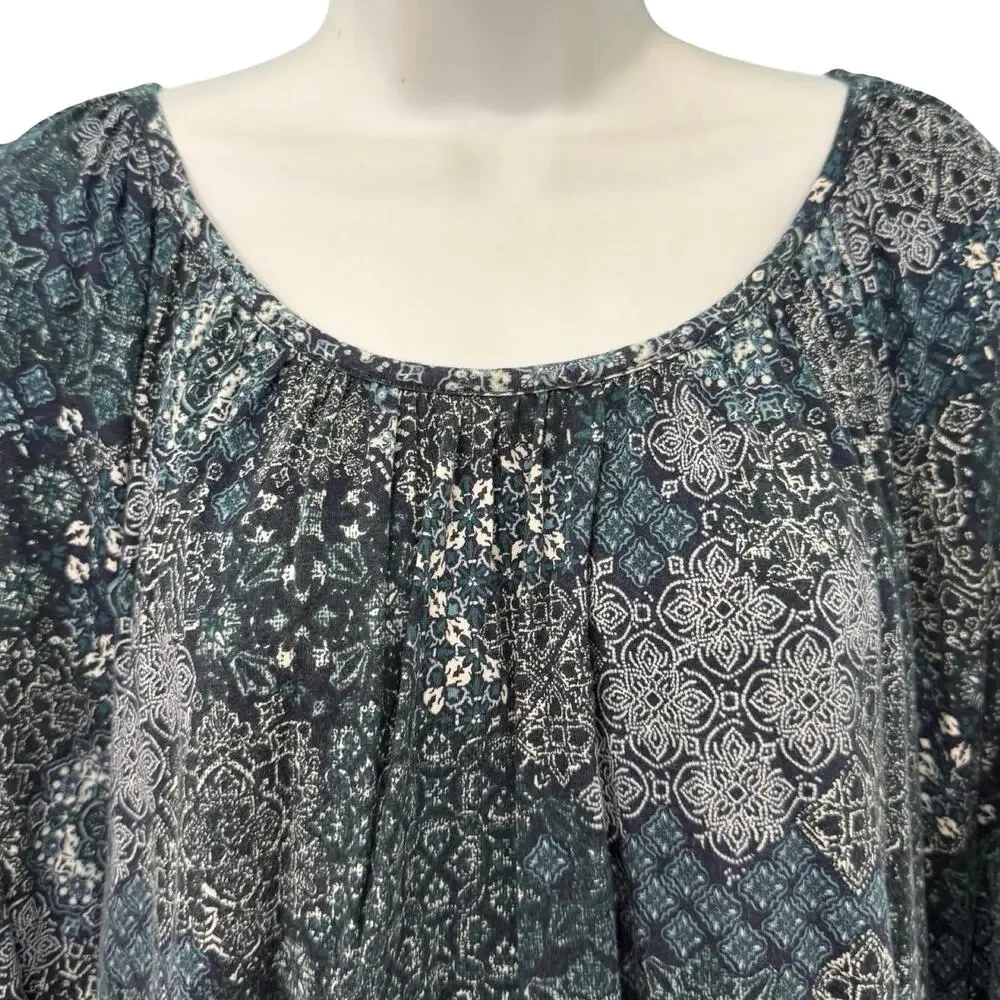 Michael Kors Blue Paisley Floral Scoop Neck Bracelet Sleeve Blouse Top size L - Picture 10 of 10